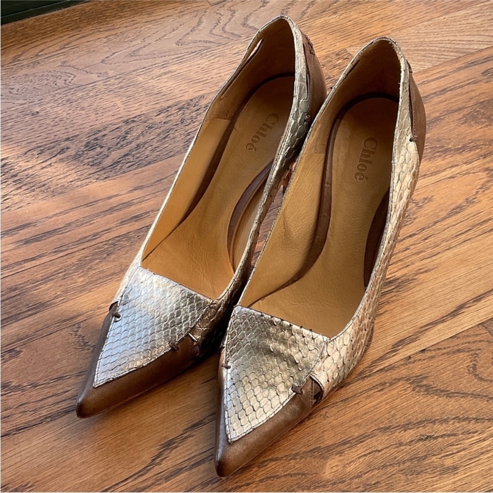 Stunning Chloe Snakeskin Heels in Brown and Silver - EUC - Made in Italy